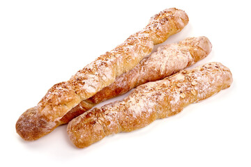 Freshly baked baguette, Italian bread, isolated on white background. High resolution image