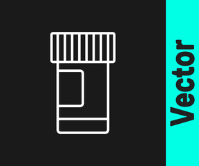 White line Medicine bottle and pills icon isolated on black background. Bottle pill sign. Pharmacy design. Vector