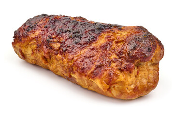 Roasted pork meat, baked spicy meat, isolated on white background