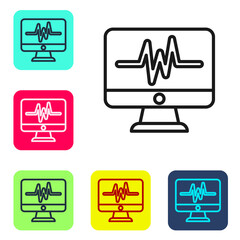 Black line Computer monitor with cardiogram icon isolated on white background. Monitoring icon. ECG monitor with heart beat hand drawn. Set icons in color square buttons. Vector