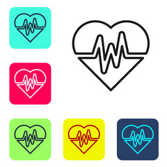 Black line Heart rate icon isolated on white background. Heartbeat sign. Heart pulse icon. Cardiogram icon. Set icons in color square buttons. Vector
