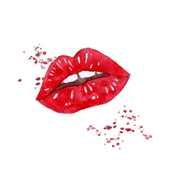 Red lips on watercolor spray hand drawn design