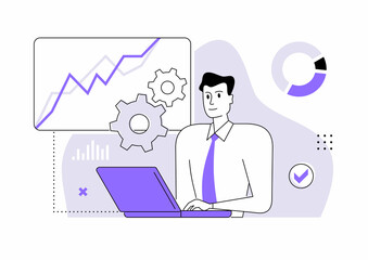 Man working on laptop vector illustration. Office job, workplace.