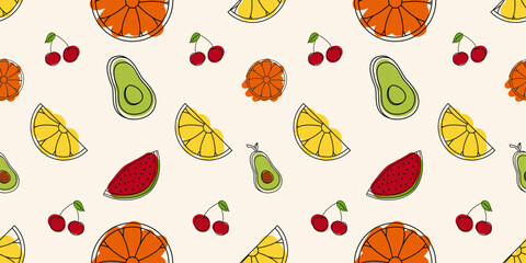 Seamless fruit pattern. Vector illustration with fruits and vegetable. Linear art with orange, lemon, cherry, watermelon and avocado. Colorful background. 