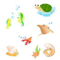 Set of marine life, animals and plants
