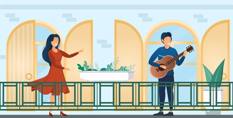 People dancing and playing instrument on balcony.