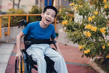 Asian special child on wheelchair is smiling face as happiness on the outdoor nature park...