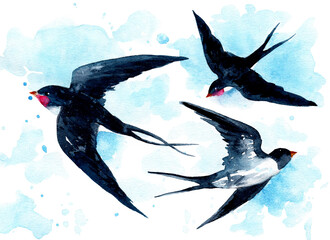 Watercolor spring illustration with flying swallows and watercolor spots