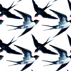 Seamless watercolor pattern with swallows isolated on white background