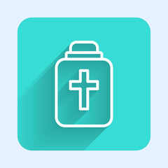 White line Funeral urn icon isolated with long shadow. Cremation and burial containers, columbarium vases, jars and pots with ashes. Green square button. Vector