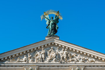 LVIV, UKRAINE - April, 2021: Lviv  Theatre of Opera and Ballet, Lviv opera house. The building is crowned by large bronze statue symbolizing Glory.