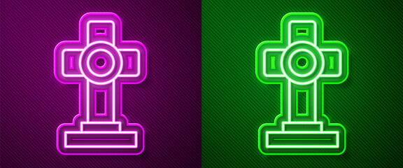Glowing neon line Grave with cross icon isolated on purple and green background. Vector