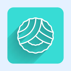 White line Memorial wreath icon isolated with long shadow. Funeral ceremony. Green square button. Vector