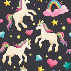 Unicorn on dark background seamless pattern with rainbow, clouds, crystals and stars. Great for greeting card, party, baby birthday, invitation template. Cartoon vector illustration.