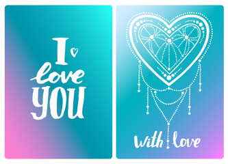  With love and I love you hand lettering. calligraphy inscription and boho style heart on blue gradient background. Set of Valentine cards. Hand draw vector illustration