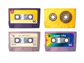 Retro audio cassettes set. Vintage tapes of the nineties. Cartoon vector illustration isolated on white background. 