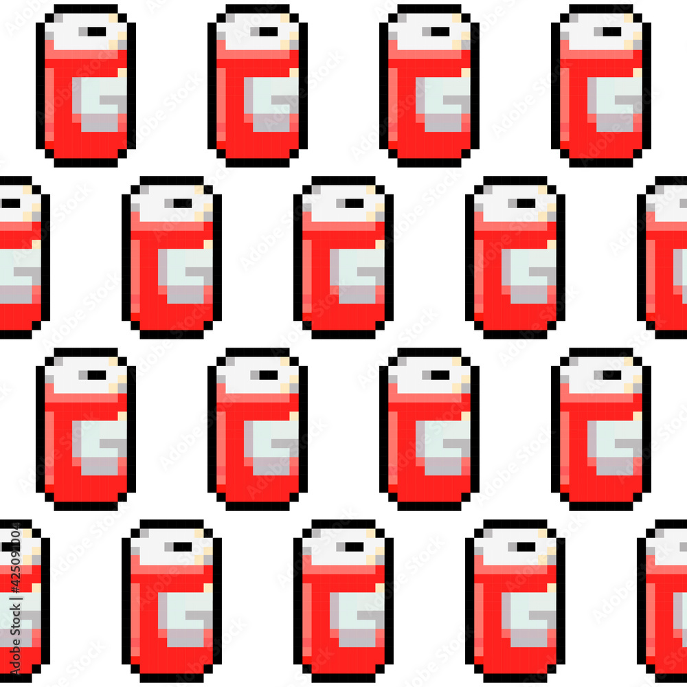 Poster Pixel Soda Drink Pattern. Seamless Can Of Soda Pattern. Vector.