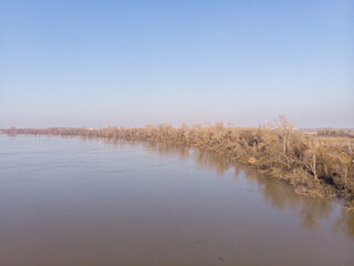 Aerial view of Danube river in Serbia. Beautiful nature image of Danube river