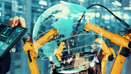 Smart industry robot arms modernization for innovative factory technology . Concept of automation...
