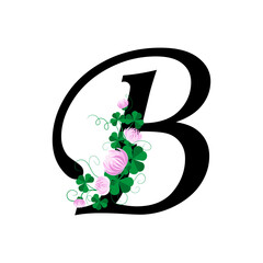 Letter B with floral design on white background.