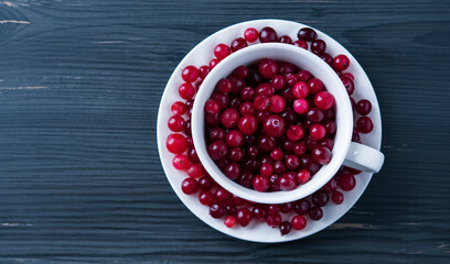 Cup and saucer full of rape red cranberry on the dark wooden surface. Copy space. Top view