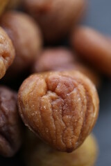 peeled chestnuts close-up. rosted organic chestnuts. healthy snack. Seeds and nuts. Healthy fats.
