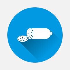 Vector icon of sausage, meat food product icon on blue background. Flat image with long shadow.