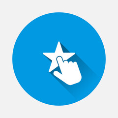 Hand push on star. Favorite vector icon on blue background. Flat image with long shadow.
