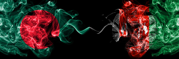Bangladesh, Bangladeshi vs Afghanistan, Afghan smoky mystic flags placed side by side. Thick colored silky abstract smokes flags.