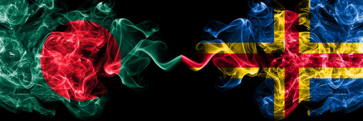 Bangladesh, Bangladeshi vs Aland, Alandic smoky mystic flags placed side by side. Thick colored silky abstract smokes flags.