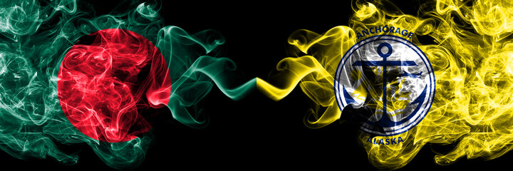 Bangladesh, Bangladeshi vs Anchorage, Alaska smoky mystic flags placed side by side. Thick colored silky abstract smokes flags.