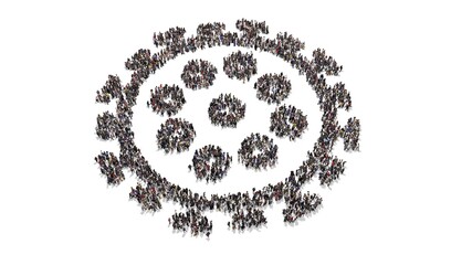 Crowd of people gather and form korona virus cell.