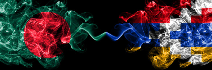 Bangladesh, Bangladeshi vs Artsakh, Artsakhtsi, Nagorno Karabakh smoky mystic flags placed side by side. Thick colored silky abstract smokes flags.