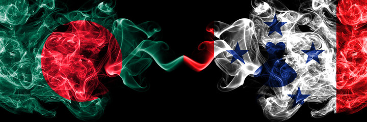 Bangladesh, Bangladeshi vs Austral Islands smoky mystic flags placed side by side. Thick colored silky abstract smokes flags.