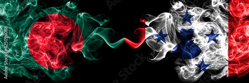Bangladesh, Bangladeshi vs Austral Islands smoky mystic flags placed side by side. Thick colored silky abstract smokes flags.