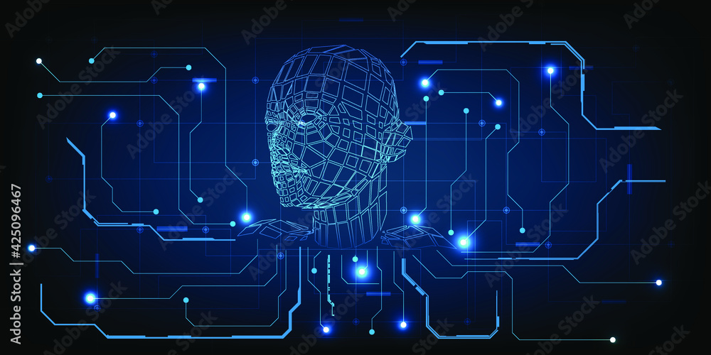 Poster artificial intelligence communicate with cyberspace network abstract dark blue futuristic digital me