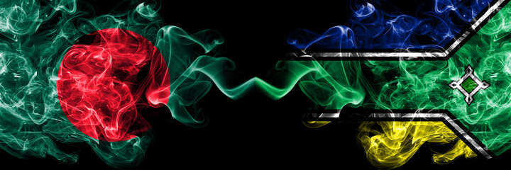 Bangladesh, Bangladeshi vs Brazil, Brazilian, Amapa smoky mystic flags placed side by side. Thick colored silky abstract smokes flags.