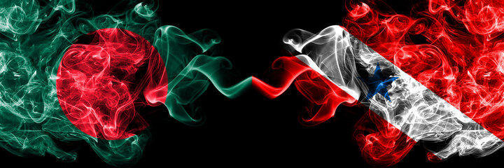 Bangladesh, Bangladeshi vs Brazil, Brazilian, Para smoky mystic flags placed side by side. Thick colored silky abstract smokes flags.