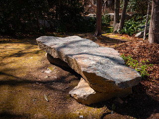 Garden Bench Rock with Lichens. Large Flat Boulder Seat on the Meadow.