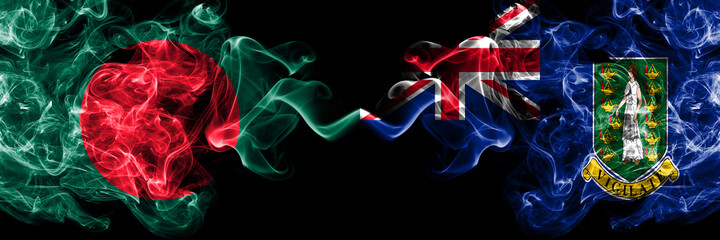Bangladesh, Bangladeshi vs Britain, British Virgin Islands smoky mystic flags placed side by side. Thick colored silky abstract smokes flags.