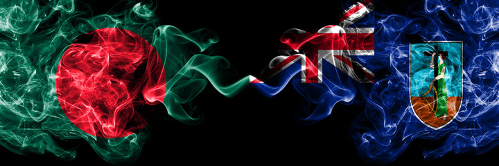 Bangladesh, Bangladeshi vs British, Britain Montserrat smoky mystic flags placed side by side. Thick colored silky abstract smokes flags.