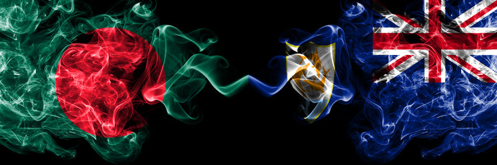 Bangladesh, Bangladeshi vs British, Britain, Anguilla smoky mystic flags placed side by side. Thick colored silky abstract smokes flags.