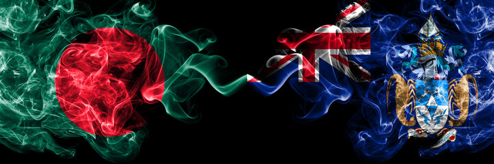 Bangladesh, Bangladeshi vs British, Britain, Tristan da Cunha smoky mystic flags placed side by side. Thick colored silky abstract smokes flags.