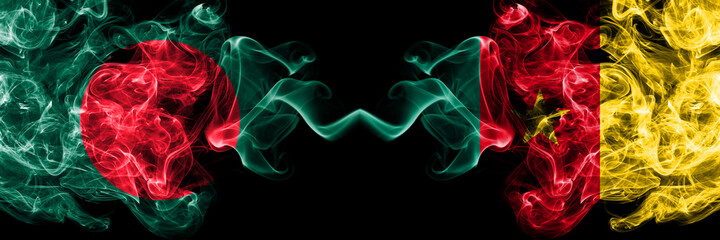 Obraz premium Bangladesh, Bangladeshi vs Cameroon, Cameroonian smoky mystic flags placed side by side. Thick colored silky abstract smokes flags.
