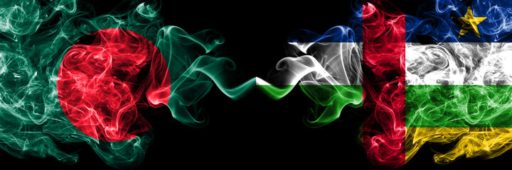 Bangladesh, Bangladeshi vs Central African Republic smoky mystic flags placed side by side. Thick colored silky abstract smokes flags.