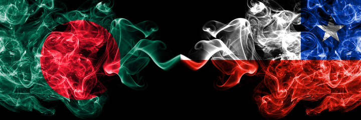 Bangladesh, Bangladeshi vs Chile, Chilean smoky mystic flags placed side by side. Thick colored silky abstract smokes flags.
