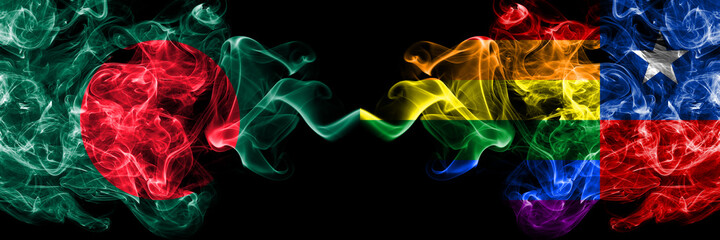 Bangladesh, Bangladeshi vs Chile, Chilean, Gay smoky mystic flags placed side by side. Thick colored silky abstract smokes flags.