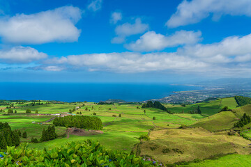 Fototapeta na wymiar Panorama view from the mountain from Sao Miguel to the Atlantic Ocean, Azores - Portugal