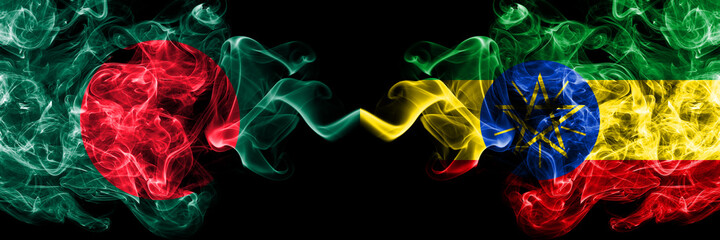 Bangladesh, Bangladeshi vs Ethiopia, Ethiopian smoky mystic flags placed side by side. Thick colored silky abstract smokes flags.
