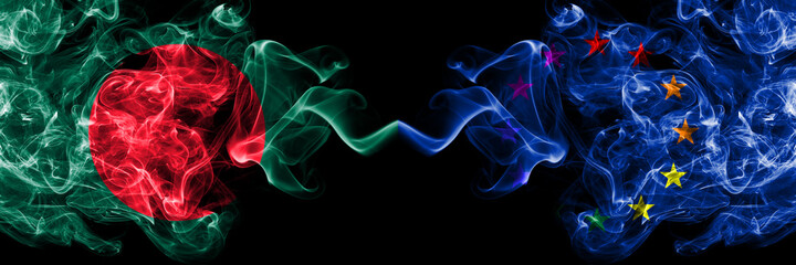 Bangladesh, Bangladeshi vs Europe, European, Gay smoky mystic flags placed side by side. Thick colored silky abstract smokes flags.